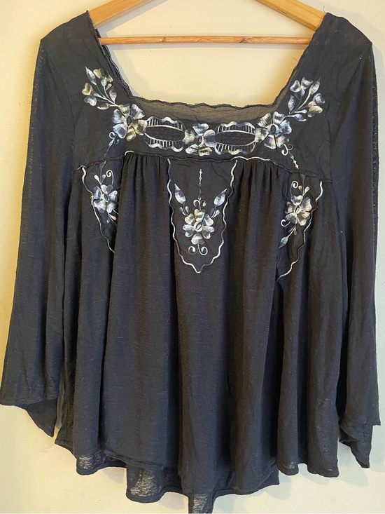 Free People Tops - Free People Black Boho Metallic Floral Embroidered Square Scalloped Neck Blouse